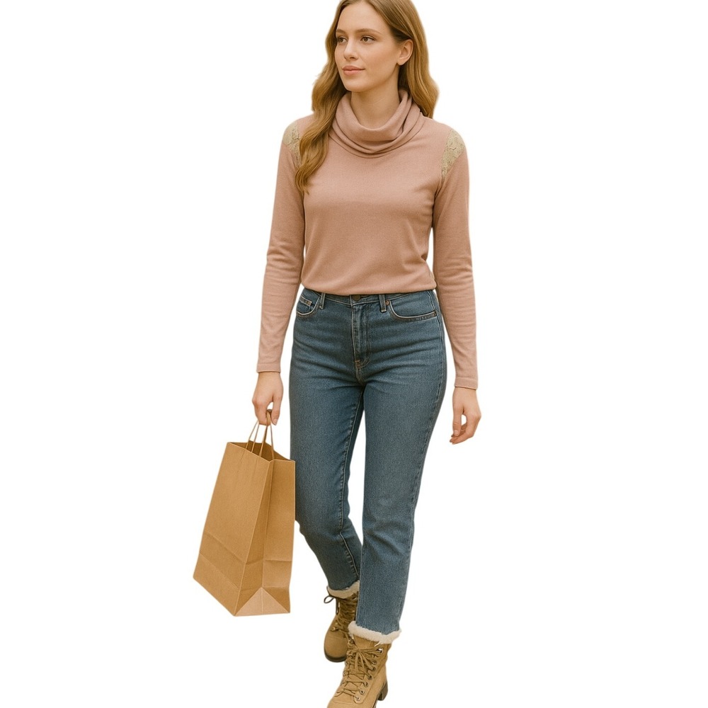 Soft Surroundings Pink Lace Detail Cowl Neck Long‎ Sleeve Sweater Size L